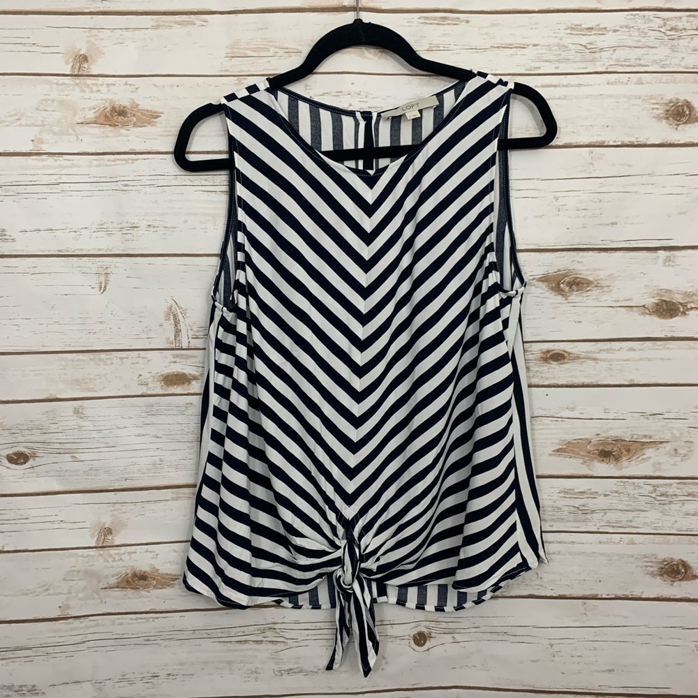 LOFT Black White Striped Tie Hem Button Ba… - Picture 2 of 8